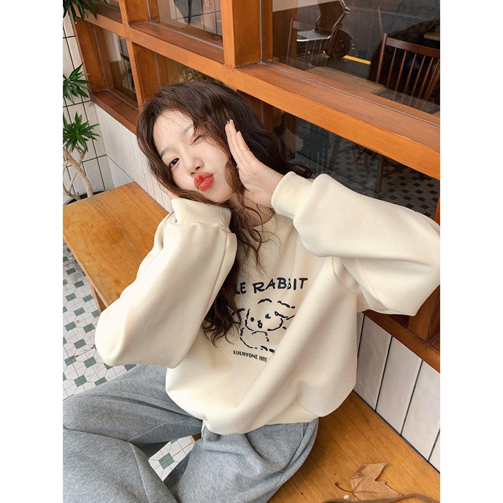 Fleece cute little milk dog print crew neck versatile sweater autumn and winter casual pullover women's men's and women's trendy brand