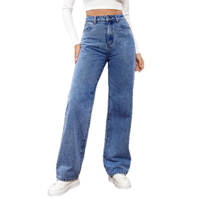 High Waist Wide Leg Straight Cut Jeans Women Loose Fit Cotton Denim Pants Plus Size
