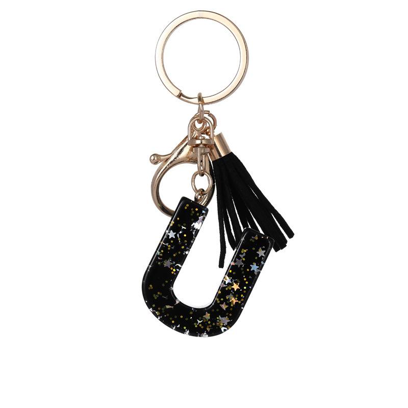 Black Glitter Star Sequins Resin 26 Letters Keychain Initials A-Z Keyring Tassel Charm Accessories Backpack Hanging Decoration