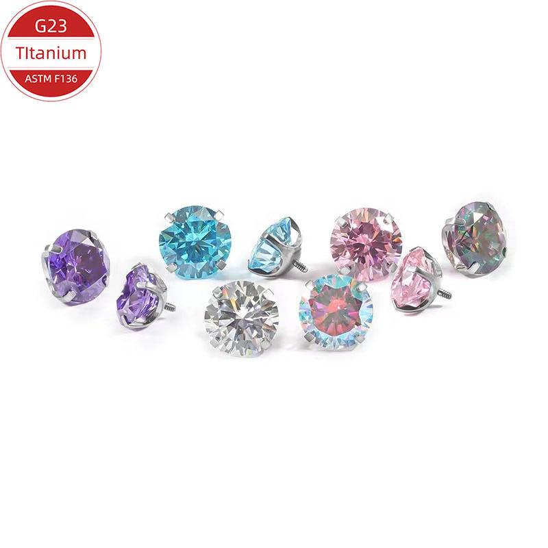 F136 Titanlegierung Steckerohrringe mit 5A Zirkonia, Vierzack-Rundfassung, Innengewinde Knorpel, Schalenboden Lippen- & Zungenpiercing-Ersatz.