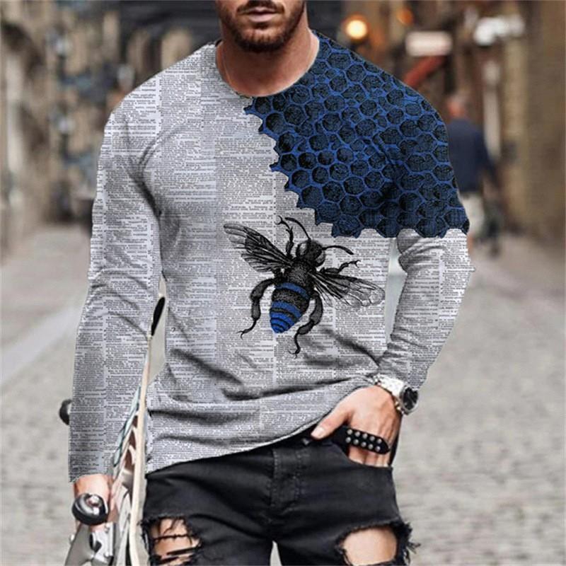 Autumn Winter Personalized Versatile Honeycomb Bee Pattern 3D Printed T-shirt Men Round Neck Long Sleeve Street Trendy Style T-shirt