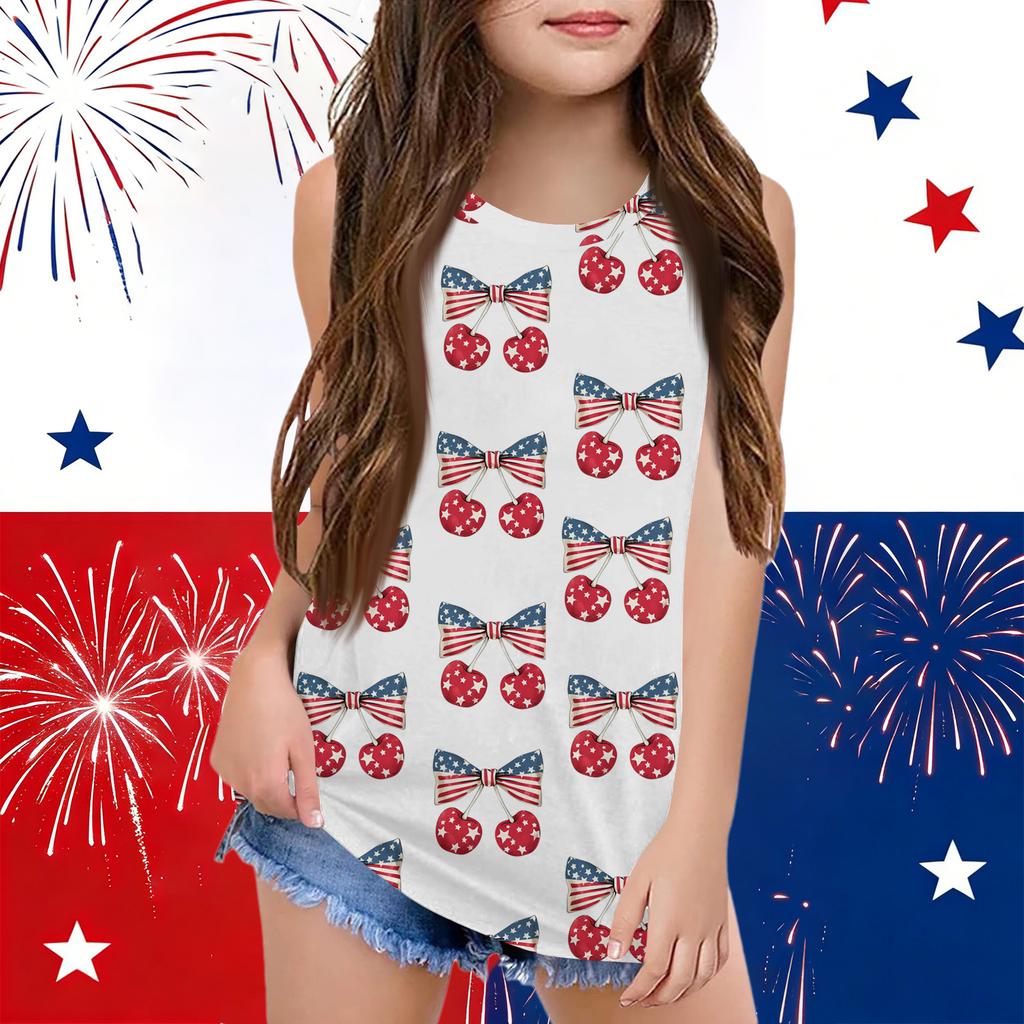 Girls  Kids Summer Crewneck Sleeveless Shirts Tank Tops Independence Day