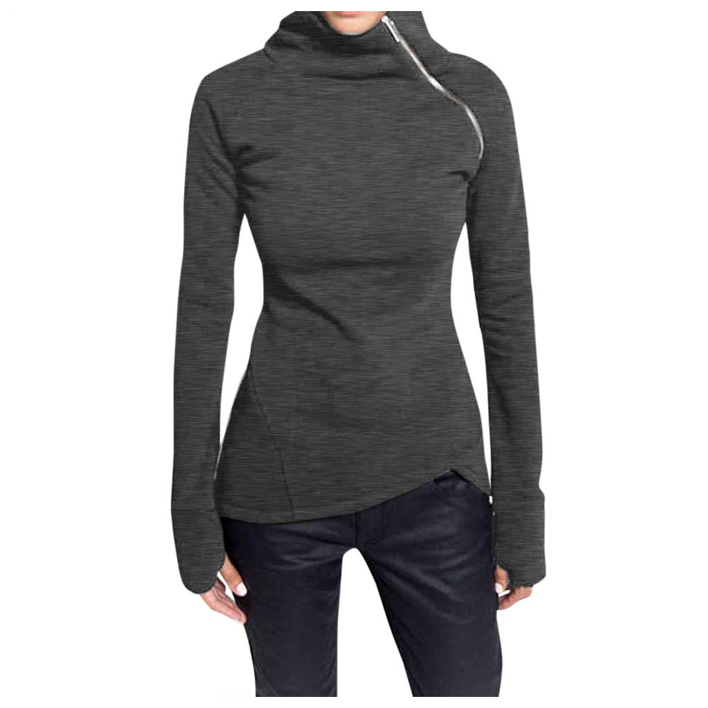 Women Casual Blouse Long Sleeve Pullover Turtleneck Zipper Sweatshirt Tops
