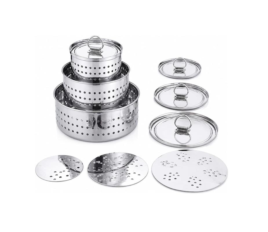 TreegoArt Stampo Rotondo in Acciaio Inossidabile per Paneer Formaggio, 350 ML, 500 ML E 700 ML Perfetto per Fare Paneer/Formaggio/Tofu Fatto in Casa - Confezione da 3