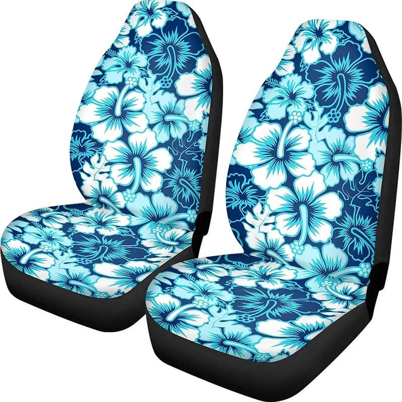 Dreaweet Hawaiian Hawaii Aloha Print with White Hibiscus Flower Car Seat Covers Front Seat Protector Cover Mat Full Set of 2pc Universal Bucket Seat Blue Plumeria Flower