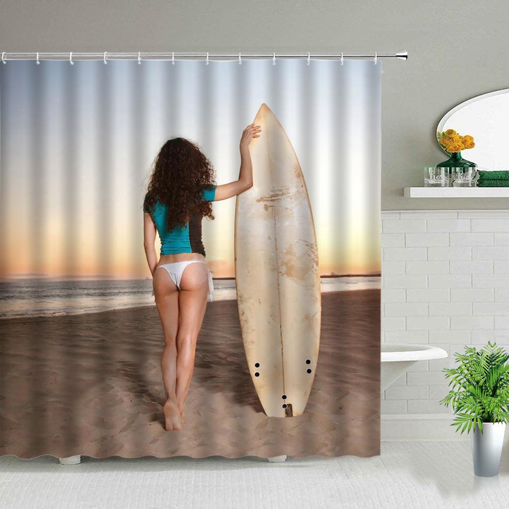 Sonnenlicht Strandmädchen Palme Surfbrett Landschaft Duschvorhänge Sexy Frau 3D-Druck Schicker Vorhang Badezimmerdekor Mit Haken
