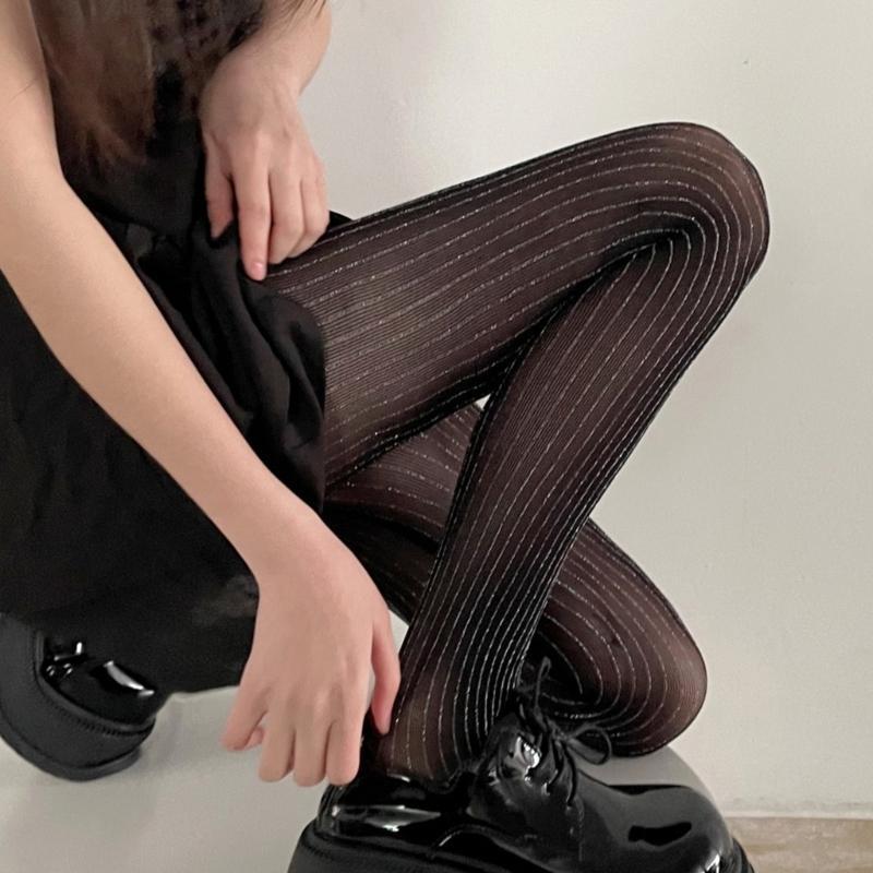 Women Thin Colored Stockings Shimmering Striped Sexy Semi Sheer Pantyhose Tights