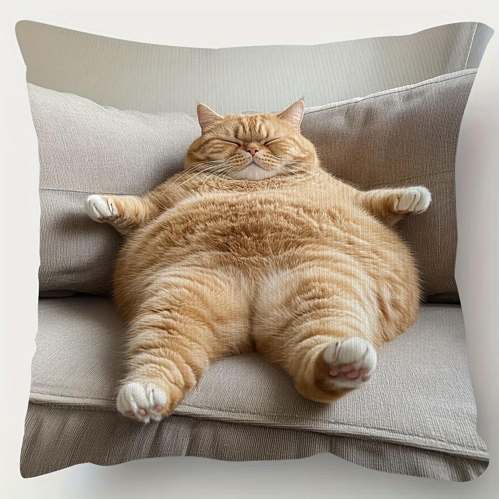 1pc 18x18 Inch Super Soft Short Plush Double-Sided Throw Pillow - Adorable Ginger Cat Lounging on Sofa Design