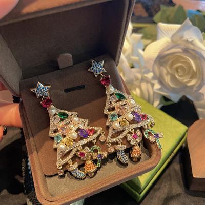 Festive Christmas Tree Earrings Personalized Pearl Pentagram Socks Bells Micro Zircon Holiday Earrings