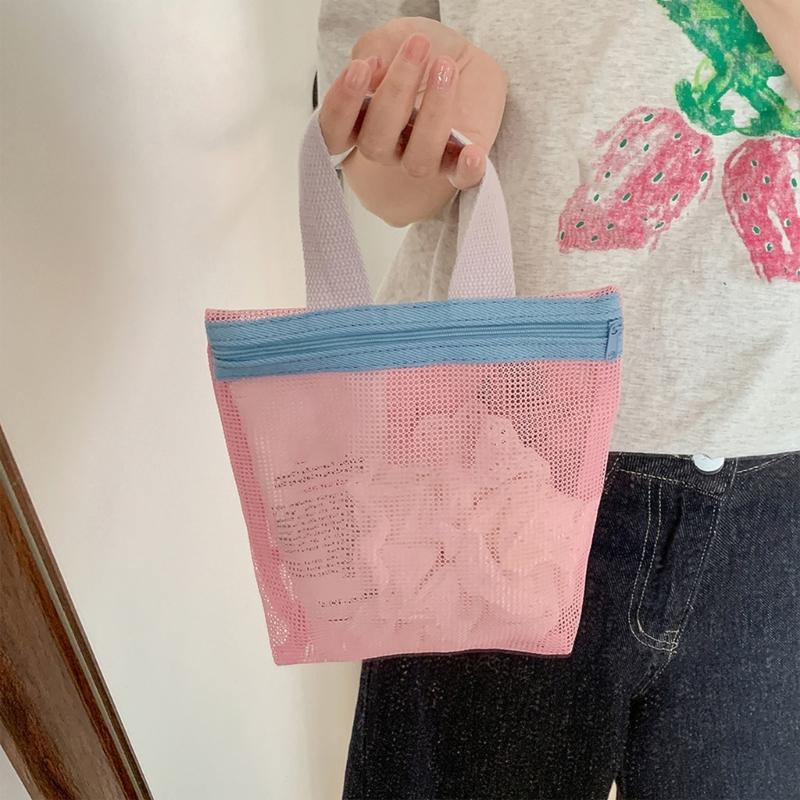 Mesh Pool Toted Bags Mesh Beach Bags with Zipper for Swim,Travel Small Cosmetic Bag Handbags Portable Toiletry Bags