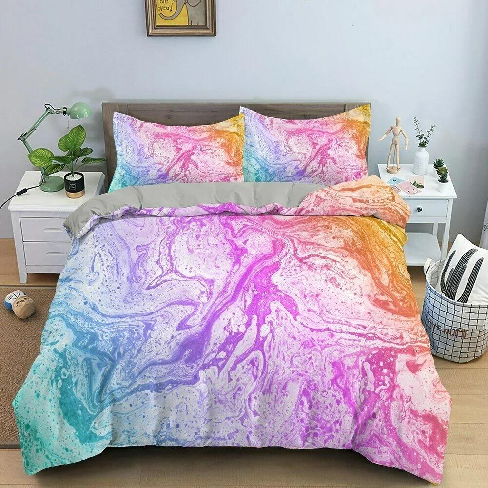 3D Modern Pattern Bedding Set Duvet Cover Set Pastel Rainbow Marble Printed Comforter Cover Polyester Bedding Set 12Pillowcase