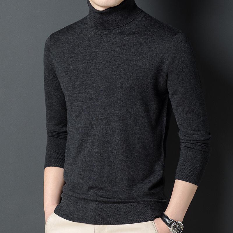 Men's Machine Washable Merino Wool High Neck Sweater, Solid Color, Double Folded Collar, Knitwear for Middle-Aged Dads, Base Layer
