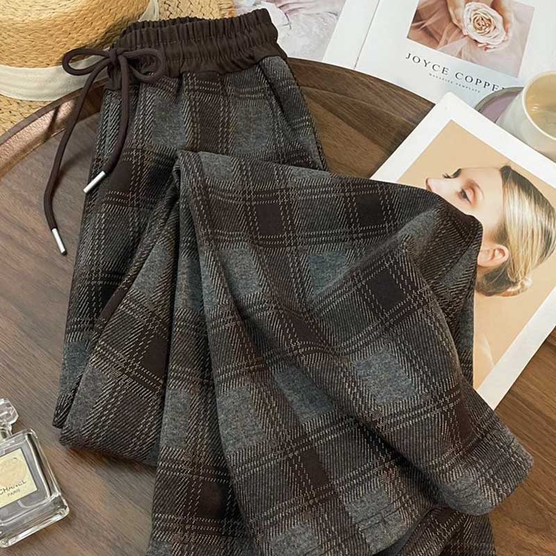 Pants for Women  High Waist Long Trousers Plus Size Double Layer Versatile Casual Plaid High Waist Drawstring Pants