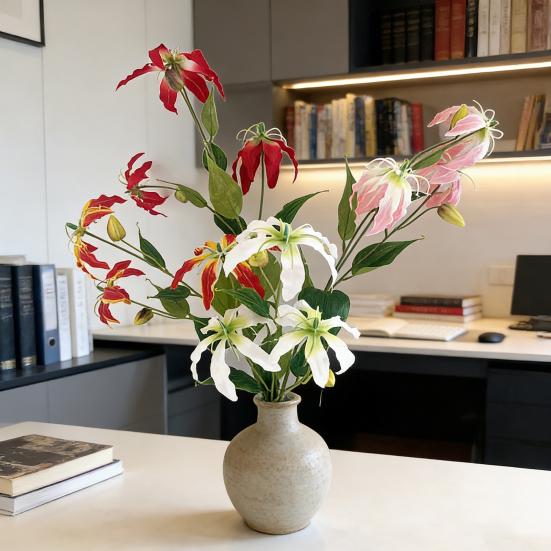Artifical Lily Flowers with 3 Heads Full Blooms And 2 Buds Long Stem Fake Lily Bouquet for Indoor Home Table Office Wedding Decoration