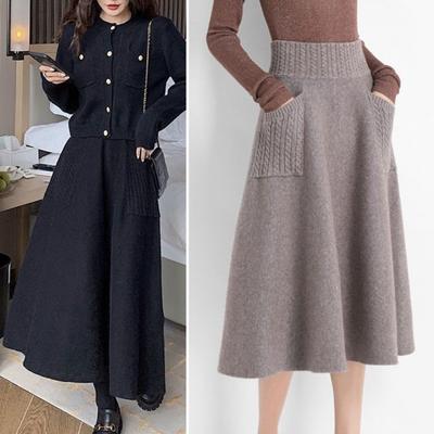 Women Fall Winter Skirt Knitted Elastic High Waist Thick Soft Warm Stretchy Solid Color Loose Big Swing A-line Pocket Mid-calf Length Lady Commuting