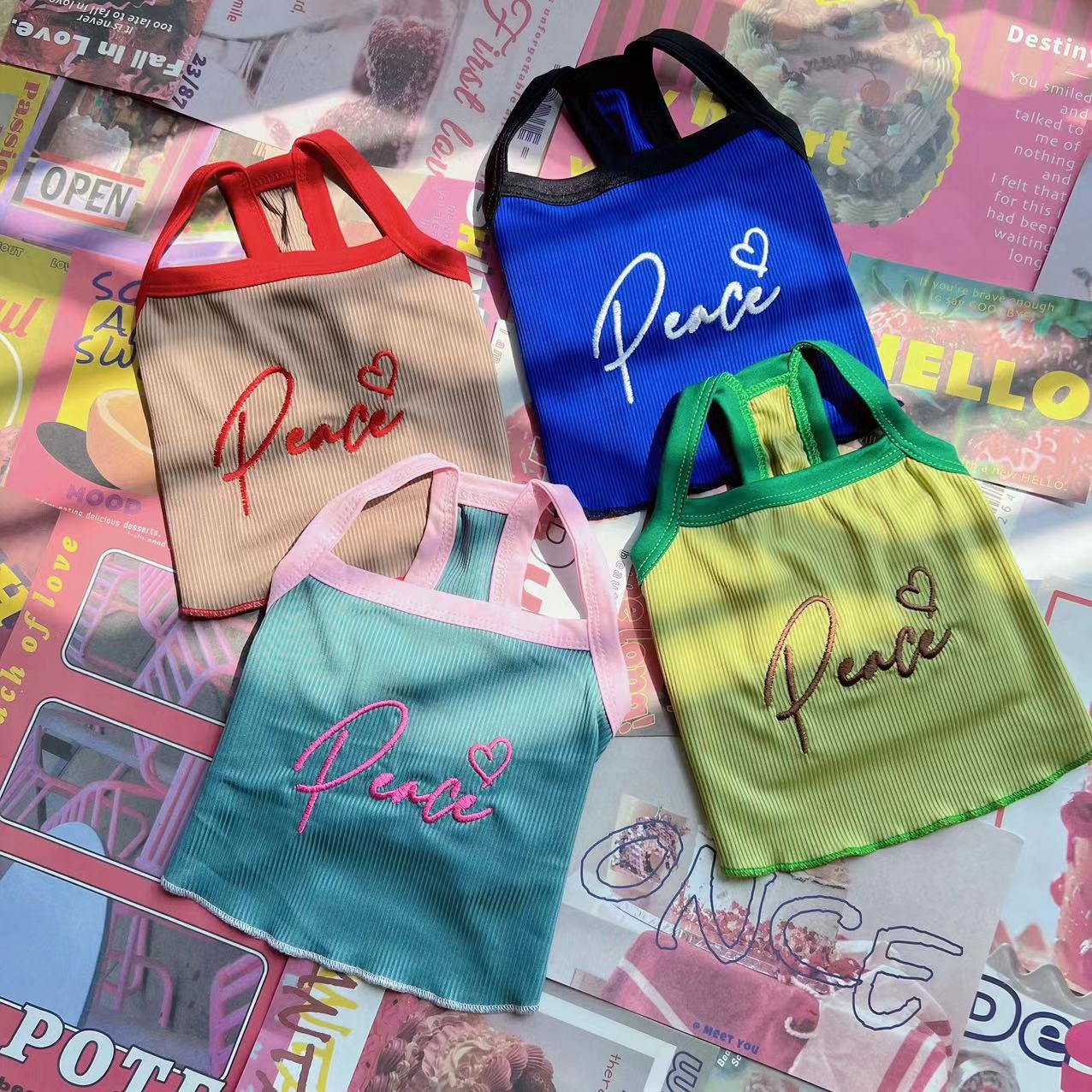 

American retro ice silk contrasting color lotus leaf edge spring and summer pet dog dog cat sling vest small dog supplies breathable XXL