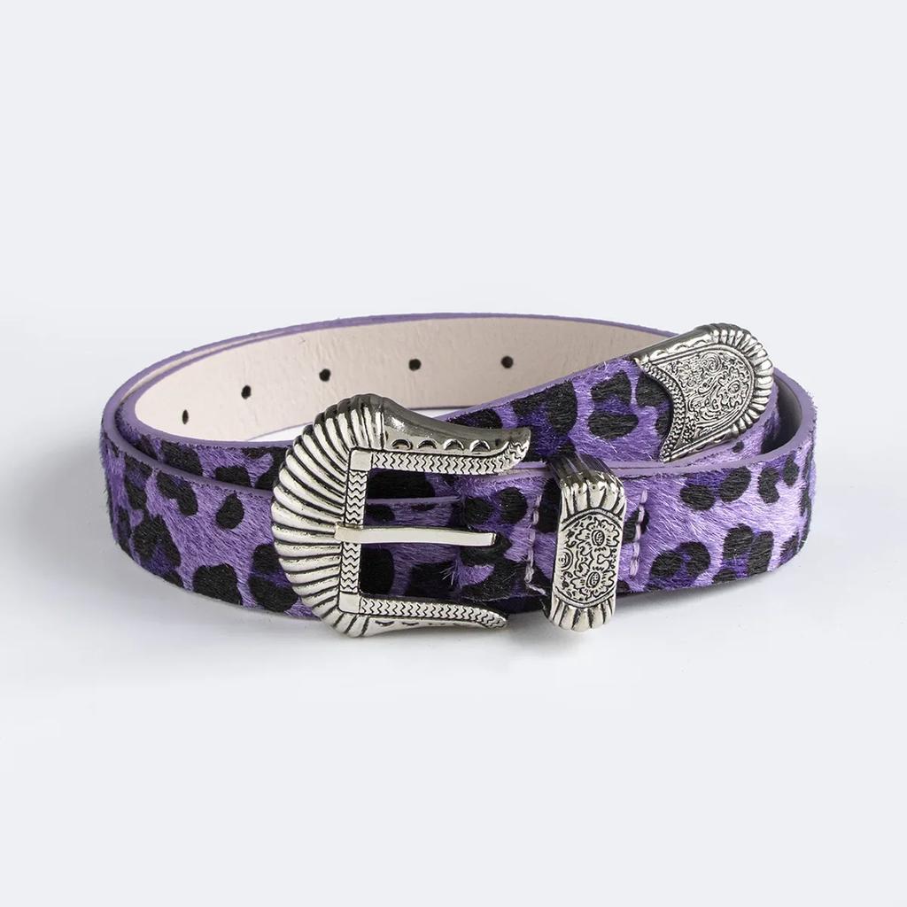 Dopamine Western Buckle Belt–European & American Retro Style Carved Design Imitation Horse Hair with Leopard Print for Fashion
