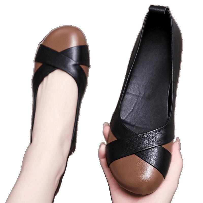 2025 spring and autumn new Doudou shoes retro women's single shoes beef tendon soft sole comfortable shallow mouth mother shoes super soft casual shoe