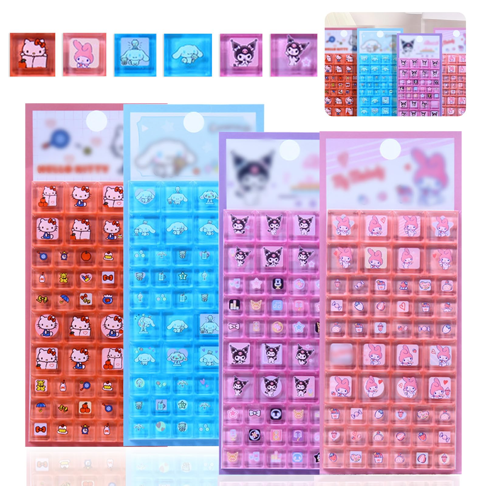 

Mocasa 4-Piece Tile Sticker Character Medium Solid 3D Puffy Bubble Notebook Girl Transparent Backing Jewel Style Water Bottle Phone Decoration Craft