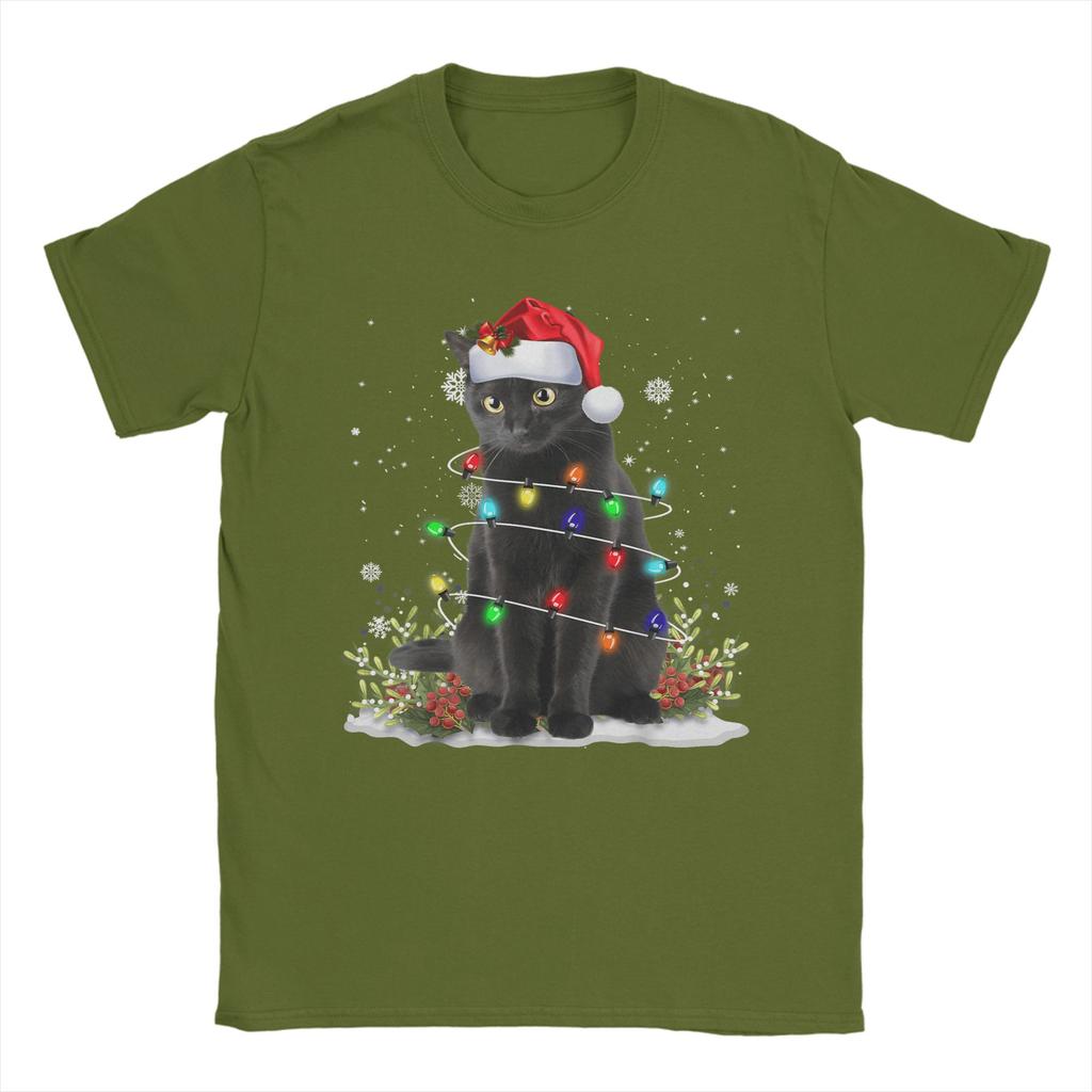 Men's Black Cat Christmas Santa Hat Funny Meowy Cats T-Shirts Clothing Beach Short-Sleeve T-Shirt O Neck Harajuku Tee Shirt