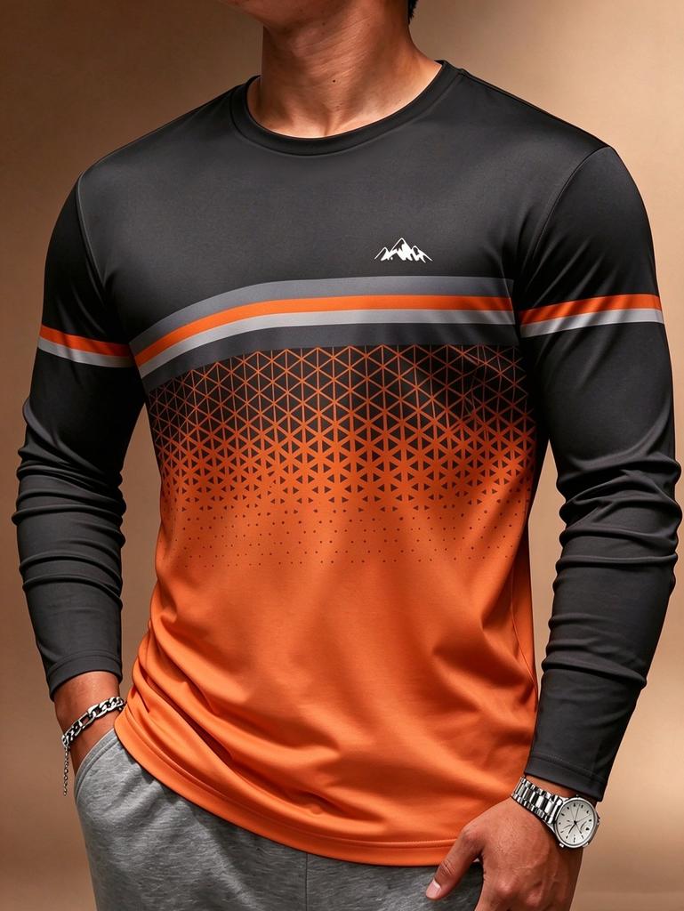 2026 Einfaches Herren-Streifen-Gradient-T-Shirt Herbst Outdoor Mode Langarm-Oberteile Übergroße Langarm-T-Shirts Herrenbekleidung