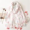 Women's Simple & Fresh Cotton Linen Scarf with Small White Floral Tassels - Perfect Travel Shawl