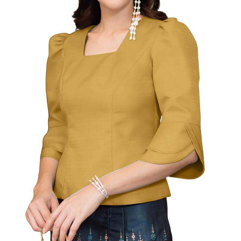 ZANZEA Women Summer Square Collar Casual Solid Color 3/4 Sleeve Blouse