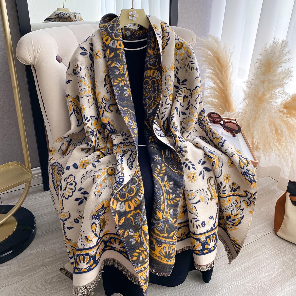 

Fashion Flowers Scarf Women Warmer Winter Pashmina National Style Scarves Shawls Female Thick Blanket Wraps Foulard