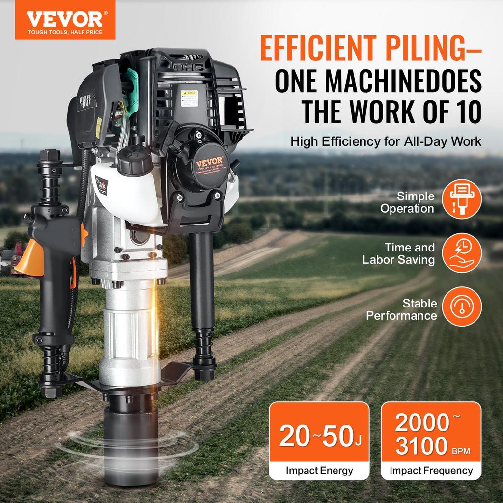 VEVOR Martello Per Pali a T a Benzina 37.77cc, Pilonatrice per Recinzioni a Motore a 4 Tempi a Benzina, con 2 Teste per Infilare Pali(55/70 mm)