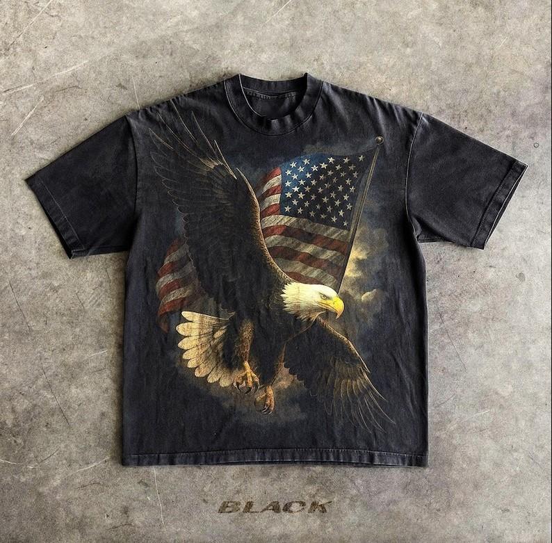 

Bald Eagle Vintage 90s Graphic Style Tshirt Retro American Flag Faded TShirt Unisex T-Shirt L