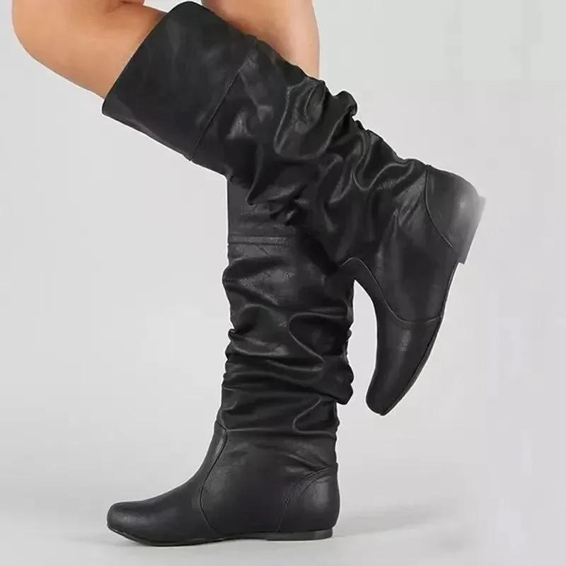Women's Shoes 2025 Hot Sale Sleeve Women's Boots Autumn Winter Round Toe Solid High Tube Low-heeled Plus Size Western Boots