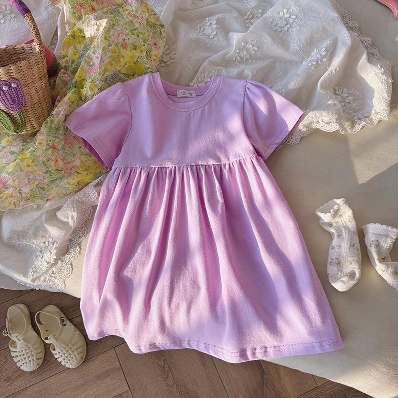 Girls Summer Solid Knit Short Sleeve Dress Loose Casual Cute Princess T Shirt Dress For Kids