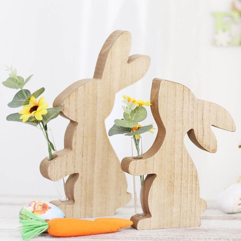 Delicate Easter Inspired Rabbit Shaped Flower Display Stand Handmade Wood Rabbit Ornament for Home and Office Decor