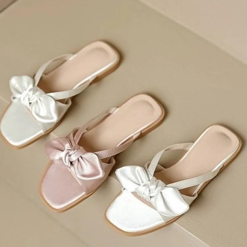 Lightweight Square Toe Flip Flops Summer New Open Toe Bow Thin Strap Soft Sole Non-slip Wear-resistant Flat Slippers
