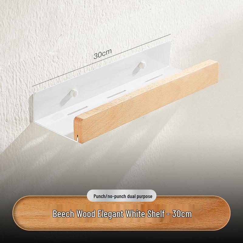 Vit Japansk Väggmonterad Massivt Trä Badrumshylla: Hålfri förvaringshylla för toalett & tvättställ