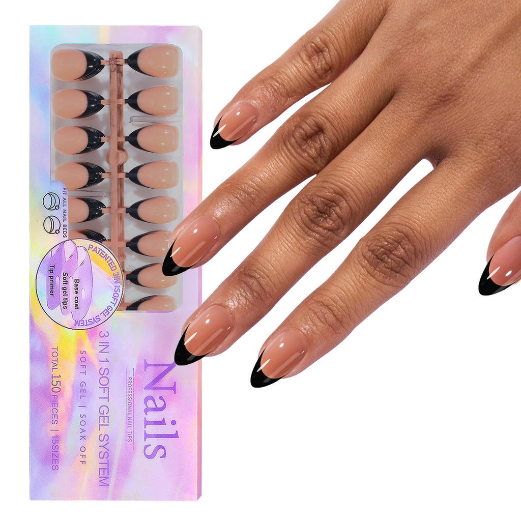 150Pcs Press On Nails Soft Gel False Nail Tips 3 In 1 Pre-Colored French Nails Fake Nails 14 Sizes for Nail Extension