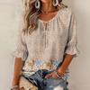 Women's Vintage Floral Print Blouse with Tie Neck and Ruffle Three-Quarter Sleeves