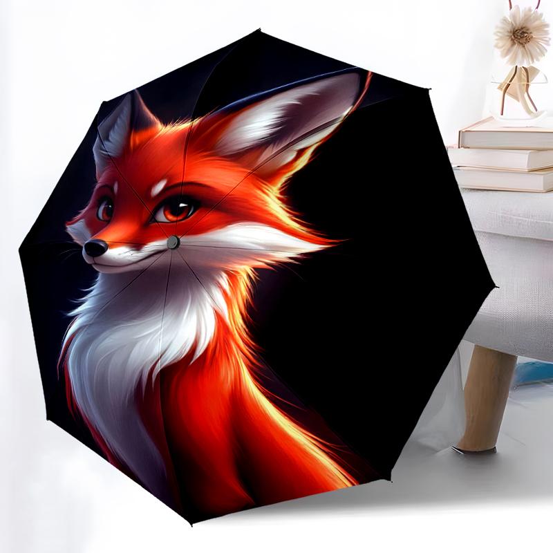 1pc Sturdy 8-Bone Auto Umbrella, Fox Umbrella, Digital Printed, Foldable Umbrella for On-the-Go Outdoor Use