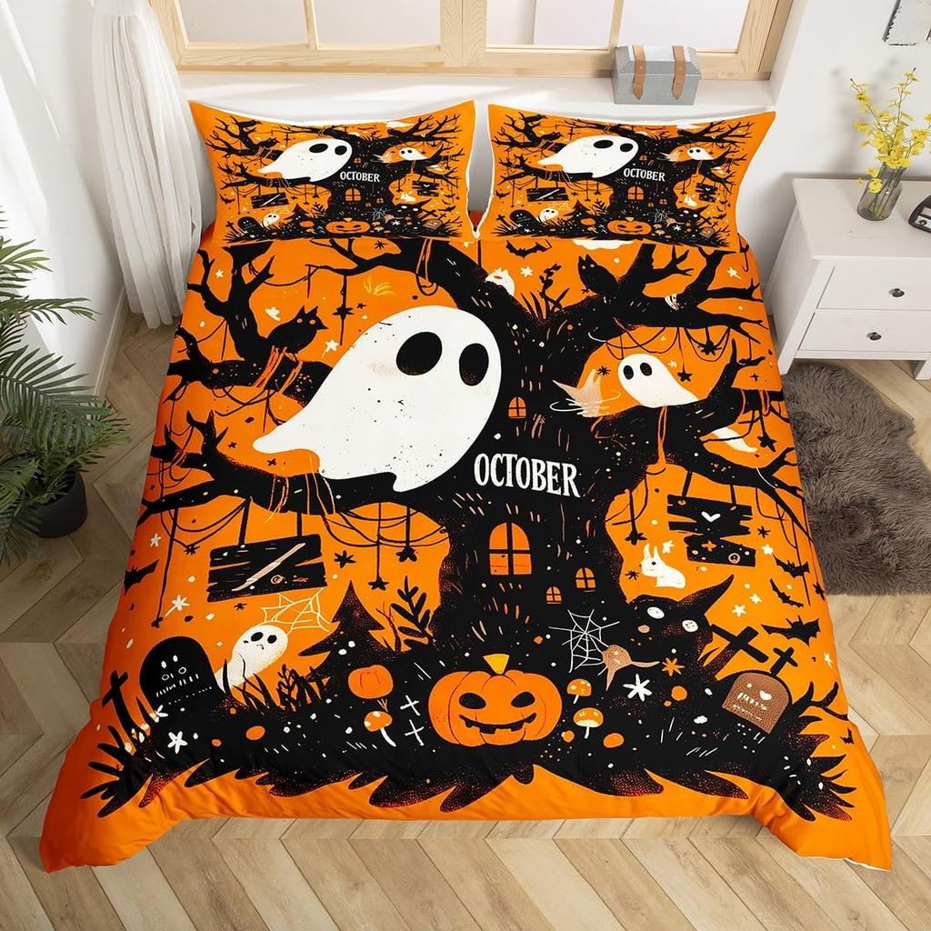 Hapy Halowen Beding Set Ful King-Sized Dimensionsd Dimensions Witch Soft Duvet Cover for Young Boys Tens Spiderweb Warm Comforter Cover Set Magic
