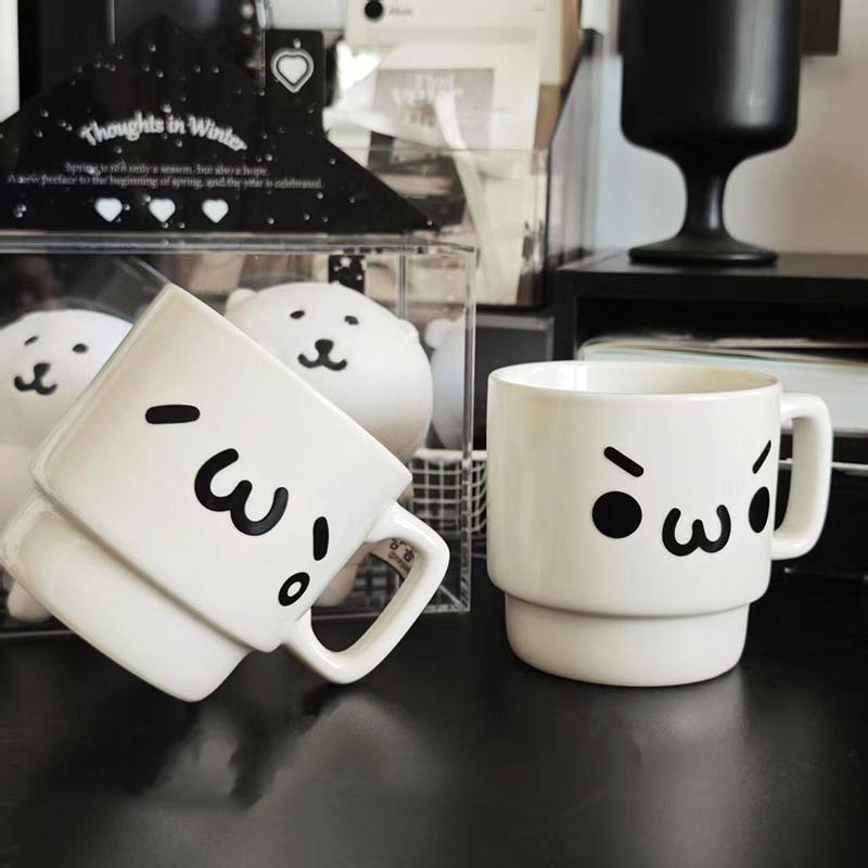 Ins Cute Expression Stackable Ceramic Mug, Minimalist White Coffee & Water Cup for Home Use