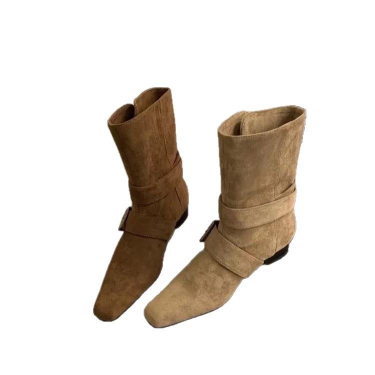 Korean version of the new niche design retro French short boots small square head western boots suede medium boots women's boots