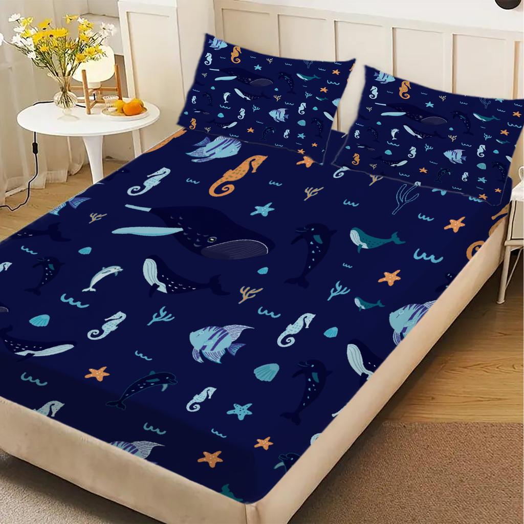 3pcs Soft Fitted Sheet Set Gifts Simple Style For Kids Ocean Animals Sea Life Pattern Print Washable Bed Sheet With Pillowcases