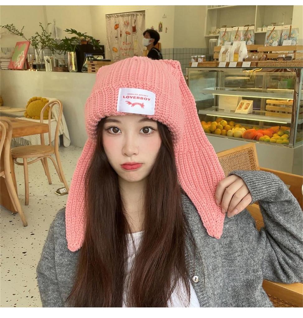 ZHONGJUE Pletená Hrubá Pletená Čepice s Králíčkem Roztomilá Pletená Populární Dárek pro Ženy Dámská Čepice, Podzim/Zima, Uši, Čepice, (Růžový)