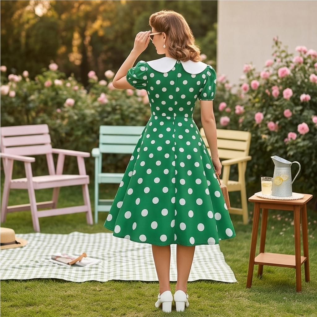 Damen Casual Polka Dot Kleid mit Kragen und Puffärmeln Schlanke Passform