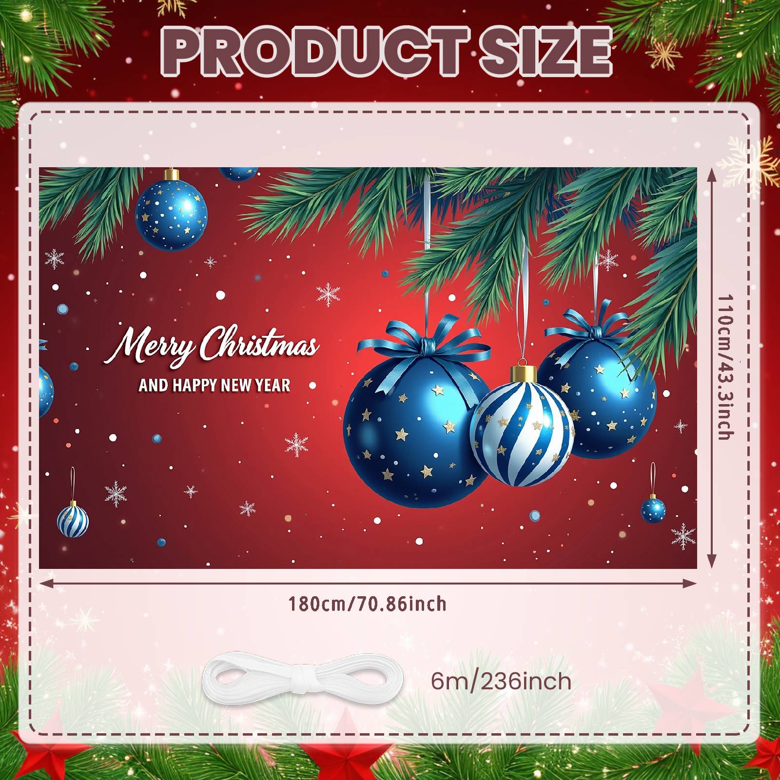 

Festive Backdrop Red Background New Year Decoration Xmas Banner Blue Ornaments Holiday Background For New Year Celebration