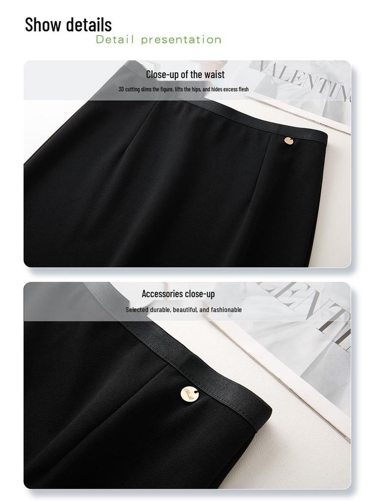 Women's High Waist Black Midi Skirt - 2025 Spring Slimming Design, Long Bodycon Skirt for Petite Frames