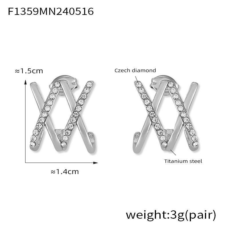 European-American Retro Rhinestone Cross Stud Earrings: Unique X Design, Versatile Titanium Steel