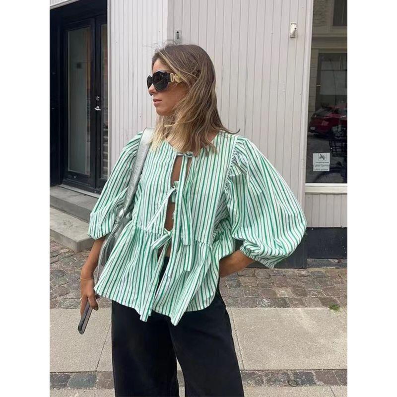 Fashion Wind Summer New Arrival Fashion Wind Lace-up Crew Neck Puff Sleeve Shirt Fashion Sexy Loose Cardigan Top