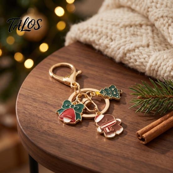Christmas Ornament Santa Tree Snowman Keychain, Golden Plated Zinc Alloy Holiday Theme Keychain Handbags Decorative Accessory with Lobster Clasp Charm