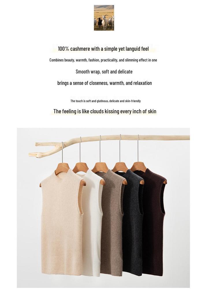 Women's Cashmere Ribbed Sleeveless Slim-Fit Pullover Sweater with Half-High Neck